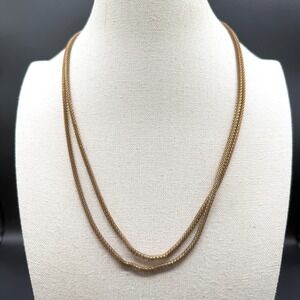 Gold Tone Long Woven Mesh Chain Necklace Double Strand Layering Minimalist Boho